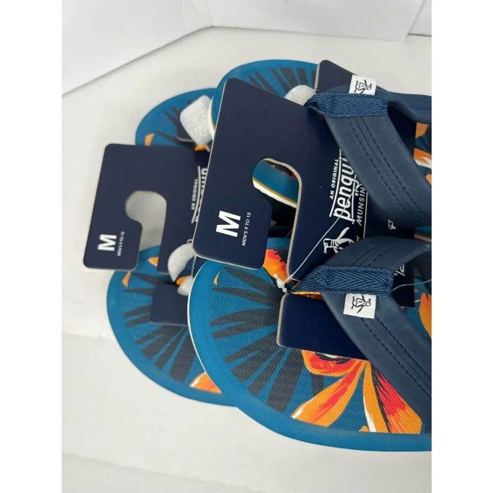 New Original Penguin Navy & Orange Tropical Floral Men's Flip Flops Various Sz